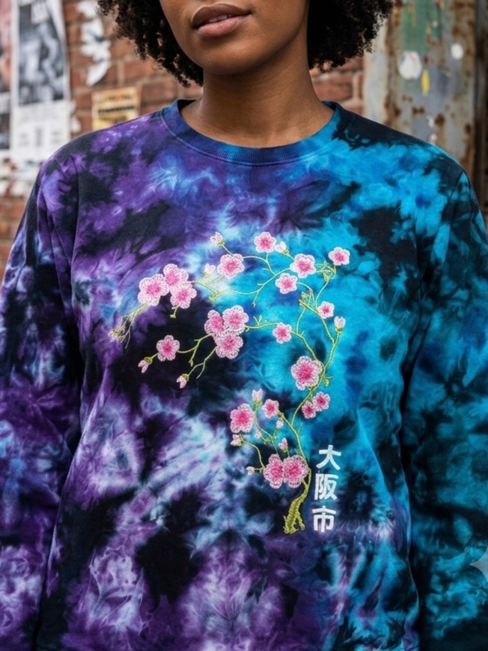 Blind Rooster Tie-Dye Embroidered Cherry Blossom Sweatshirt, Harajuku Streetwear